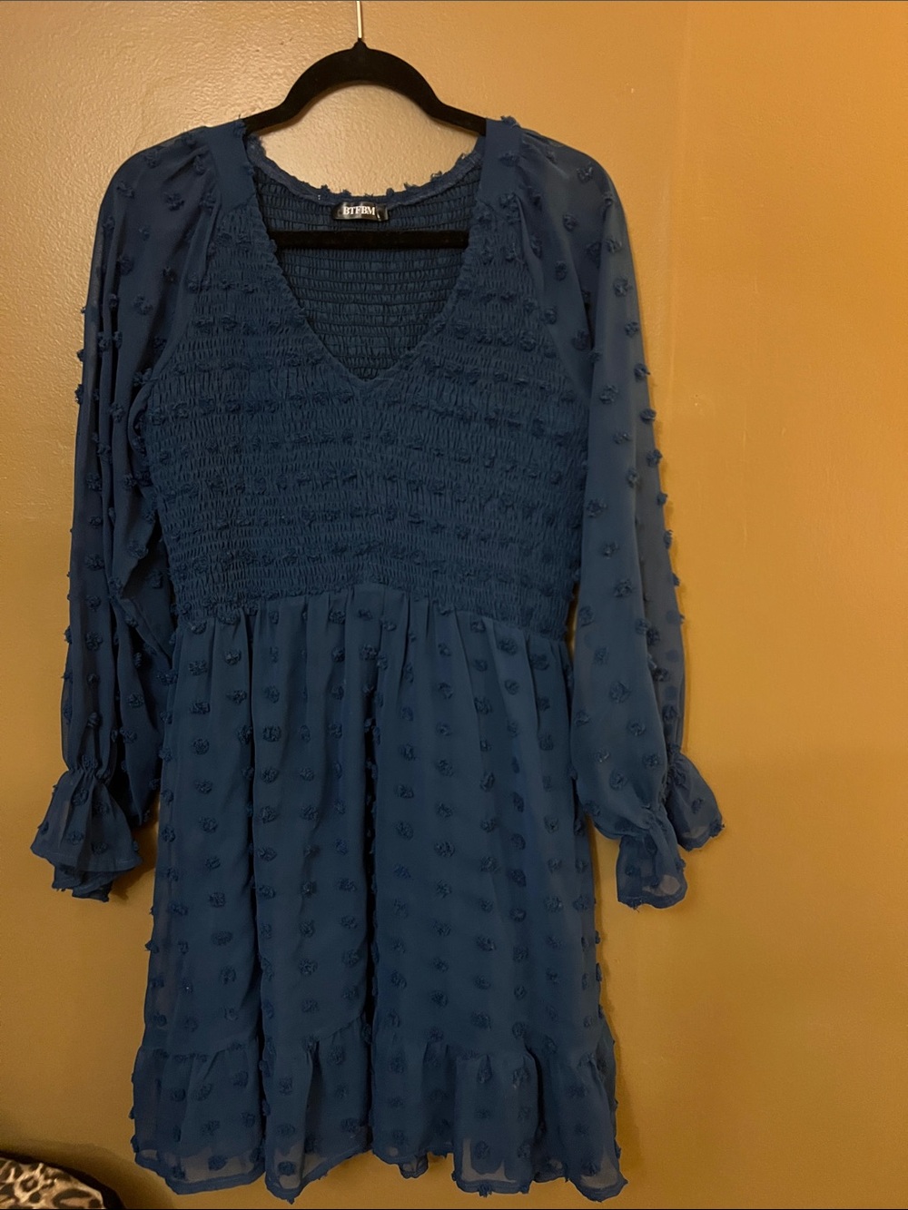 Blue Textured Swiss Dot Smocked V-Neck Dress